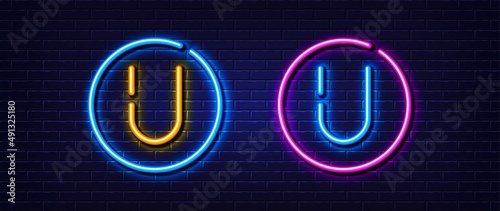 Initial letter U icon. Neon light line effect. Line typography character sign. Large first font letter. Glowing neon light element. Letter U glow 3d line. Brick wall banner. Vector