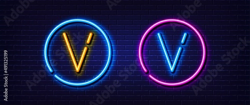 Initial letter V icon. Neon light line effect. Line typography character sign. Large first font letter. Glowing neon light element. Letter V glow 3d line. Brick wall banner. Vector