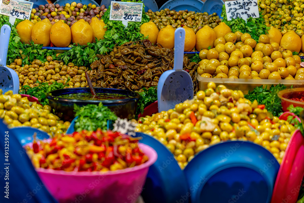 Small Fruits, Meats And Vegetables Are Sold In The Open Market In The City Of Fes, Morocco, Africa
