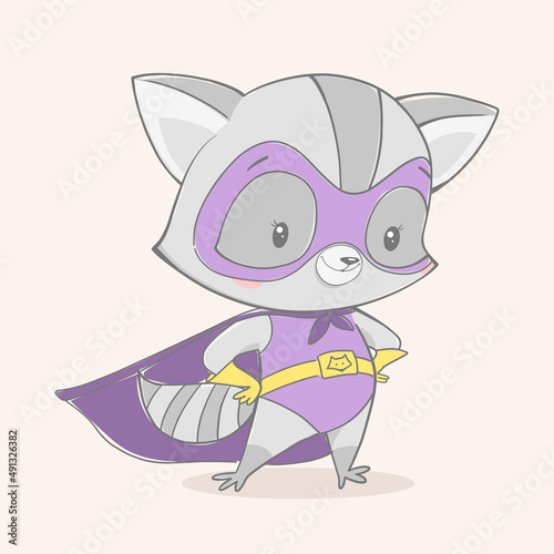 Illustration of a cute cartoon raccoon superhero