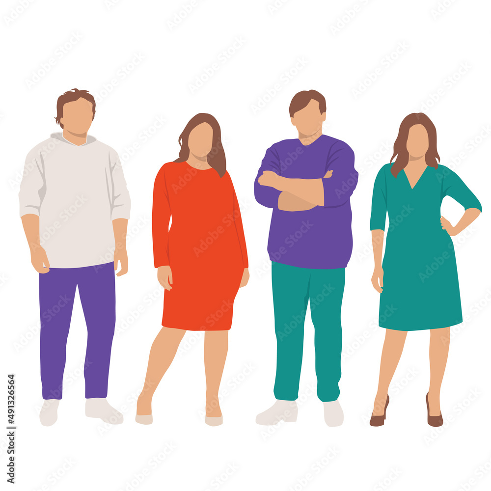 Obraz premium Set of fat men and women, different colors, cartoon character, group of silhouettes of standing business people, the design concept of flat icon, isolated on white background