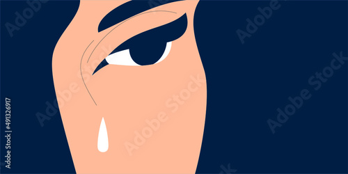 Close up portrait of crying young woman. Eye with teardrop. Fragile person vector illustration concept.