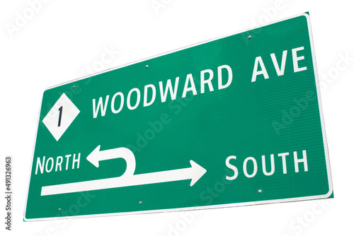 Woodward Avenue, M1, road sign. Detroit Michigan.