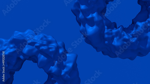 Two blue deformed circle shapes  blue background. Abstract monochrome illustration  3d render.