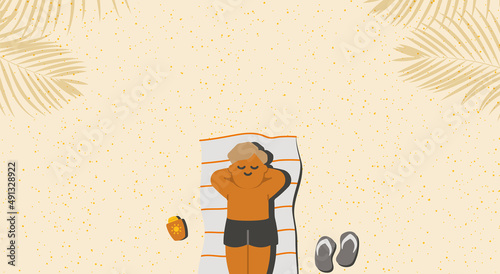 The man lay on the beach relaxing to sunbathe and recharge himself. and far from people. cartoon illustration vector banner.