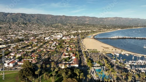 Santa Barbara California Harbor pier, aerial drone. Yachts and Boats. Pier, port.