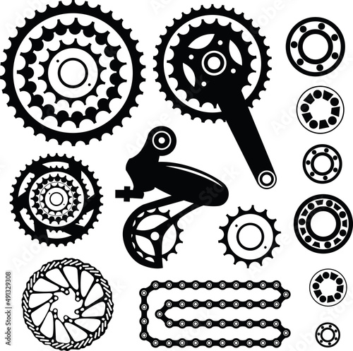 Bicycles. Seamless pattern with bicycle spare parts for print, web design. Isolated objects. Vector image. 