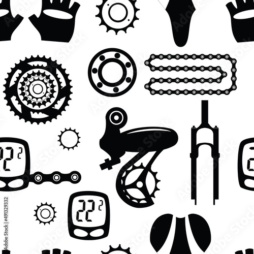 Bicycles. Seamless pattern with bicycle spare parts for print, web design. Isolated objects. Vector image. 