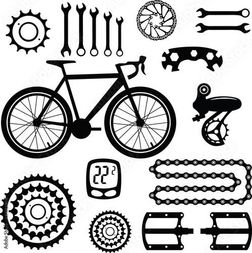 Bicycles. Seamless pattern with bicycle spare parts for print, web design. Isolated objects. Vector image. 
