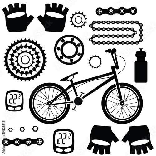 Bicycles. Seamless pattern with bicycle spare parts for print, web design. Isolated objects. Vector image. 