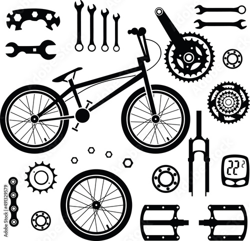 Bicycles. Seamless pattern with bicycle spare parts for print, web design. Isolated objects. Vector image. 