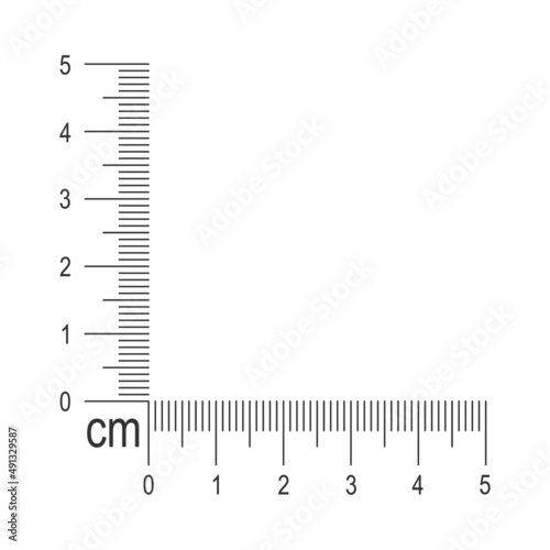 5 centimeter corner ruler template. Measuring tool with vertical and horizontal lines with centimeters and millimeters markup and numbers. Vector outline illustration isolated on white background