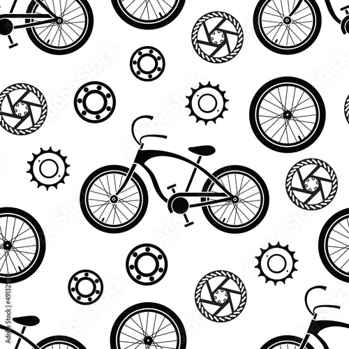 Bicycles. Seamless pattern with bicycle spare parts for print, web design. Isolated objects. Vector image. 