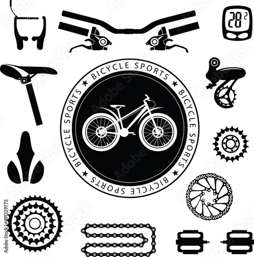 Bicycles. Seamless pattern with bicycle spare parts for print, web design. Isolated objects. Vector image. 