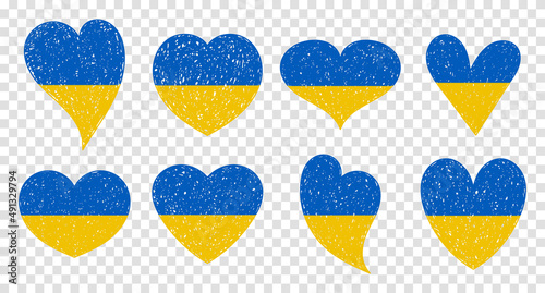 Set of Ukraine flag icon in the shape of hearts. Save Ukraine concept. Vector Ukrainian symbol, icon, button