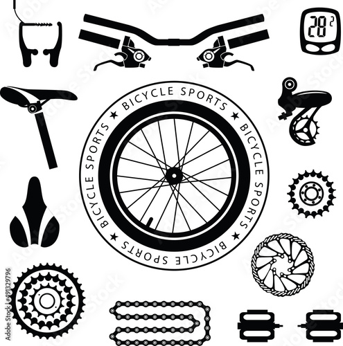 Bicycles. Seamless pattern with bicycle spare parts for print, web design. Isolated objects. Vector image. 