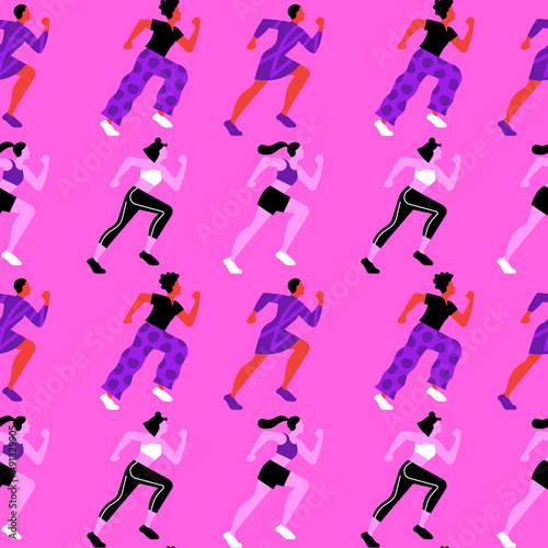 Diverse pink women crowd running. Flat seamless pattern illustration. Female race group or woman charity marathon concept cartoon background.