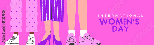 International Women's Day greeting card illustration of pink women shoe fashion. Diverse female group legs concept for march 8 event
