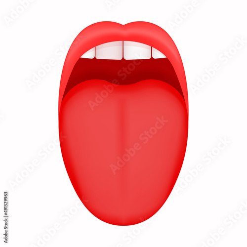 Open mouth with sticking out tongue and upper incisors teeth. Human taste organ isolated on white background. Vector cartoon illustration.