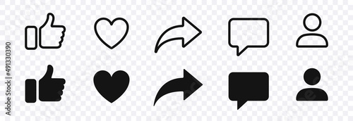Thumb up, share, like, comment, heart, repost icons isolated, vector social media icons. Buttons of social notification. Stock vector 