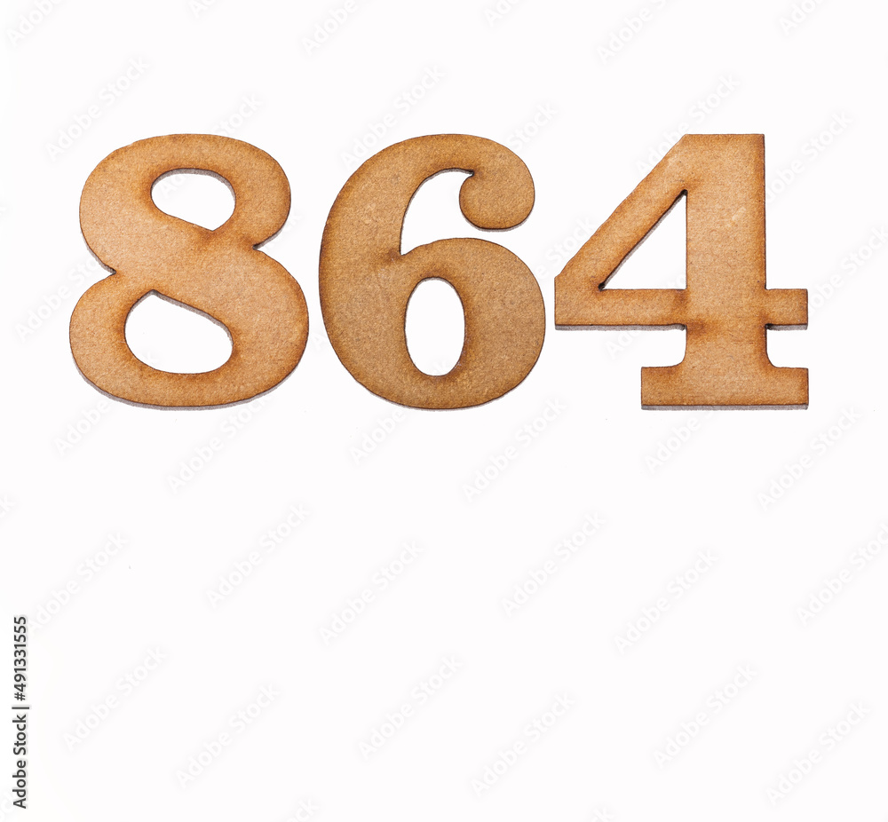 Number 864 in wood, isolated on white background Number 864 in wood, isolated on white background