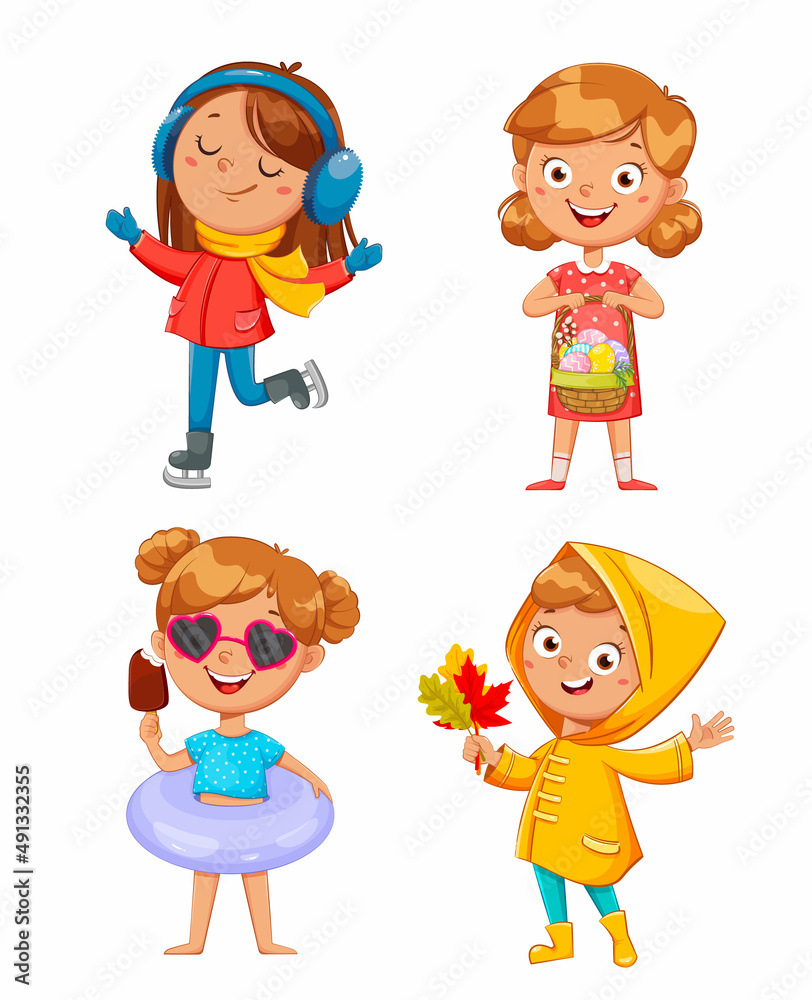 Seasonal year illustration. Cute girl, 4 seasons Seasonal year illustration. Cute girl, 4 seasons