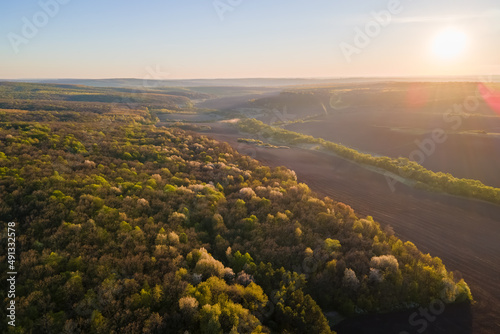 Aerial view of woodland with fresh green trees and agricultural arable fields in early spring at sunset © bilanol