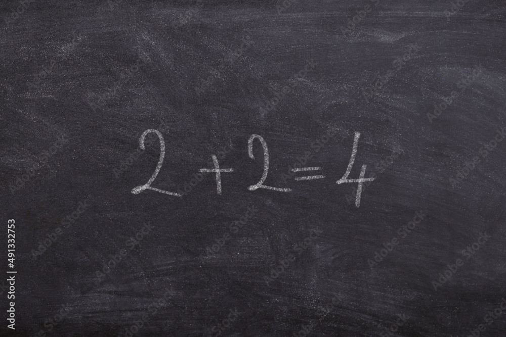 Fototapeta premium Two Plus Two Equals Four on Chalkboard – Basic Math Education Concept