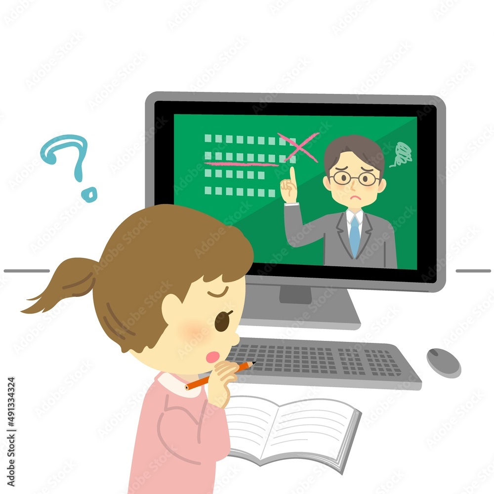 Fototapeta イラスト素材 パソコン画面を見てオンライン授業を受けるが不安な表情の小学生 女の子 はてなマーク Naklejamy Com