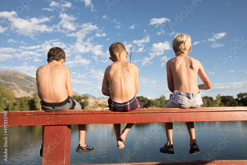 United States, Utah, Highland, Rear view of shirtless boys (8-9) fishing on lake photo
