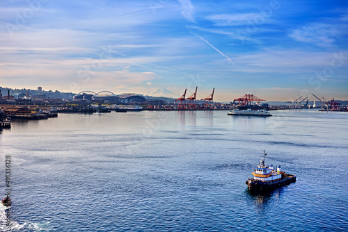 Elliot Bay and the port of Seattle on a calm, sunny, Sunday morning photo
