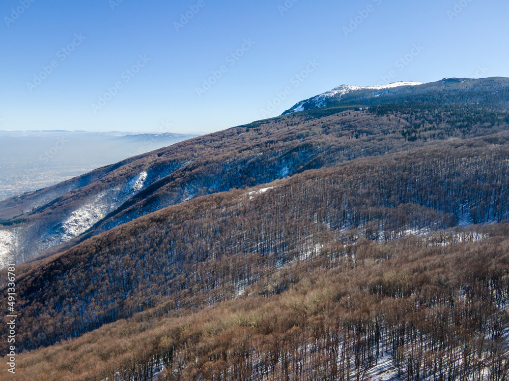 Aerial Winter view of Vitosha Mountain at Kopitoto area, Bulgaria