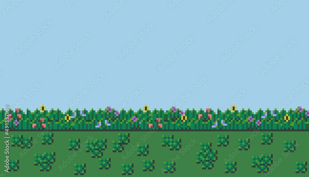 Pixel art wallpaper or background, blue sky, green grass and flowers. Stock  Illustration | Adobe Stock