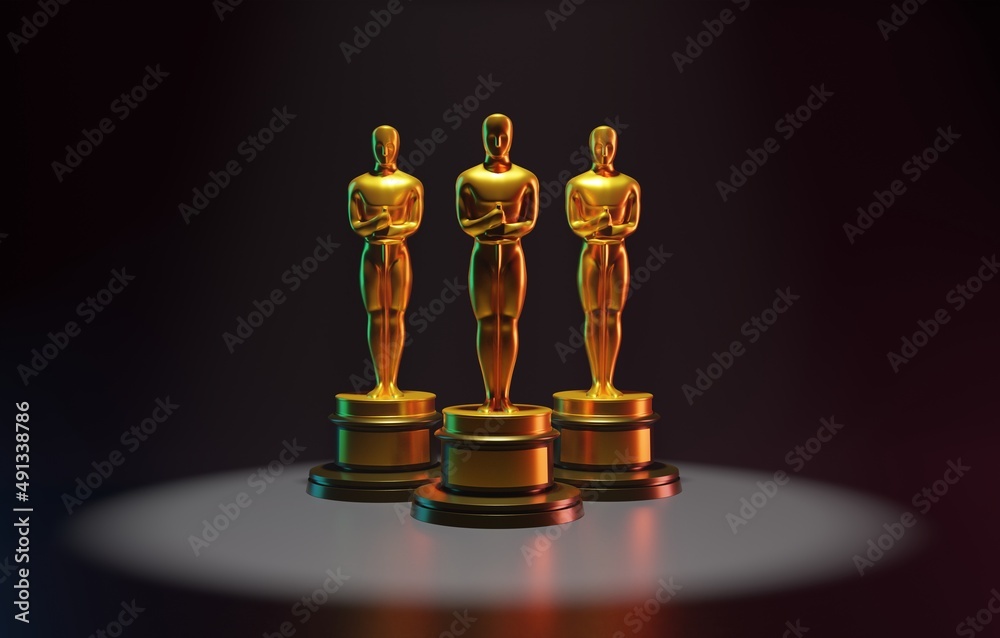 Oscar statuette. Oscars award, Gala, Best Actor, Movie in the World. Golden  Oscar. 3D render, 3D illustration. Stock Photo