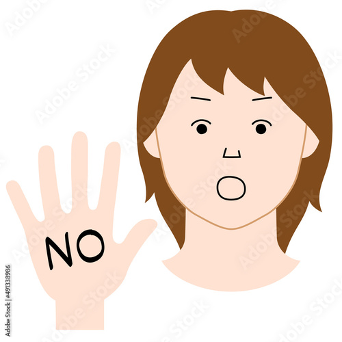 片手を前に突き出し「NO」の意思表示をする女性のイラスト（白背景・ベクター・切り抜き）