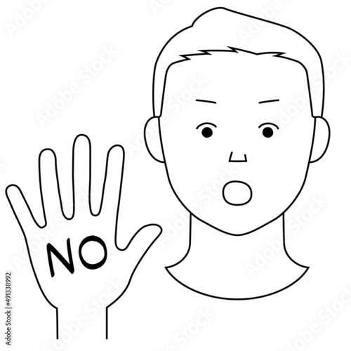 片手を前に突き出し「NO」の意思表示をする男性のイラスト（白背景・ベクター・線画・切り抜き）