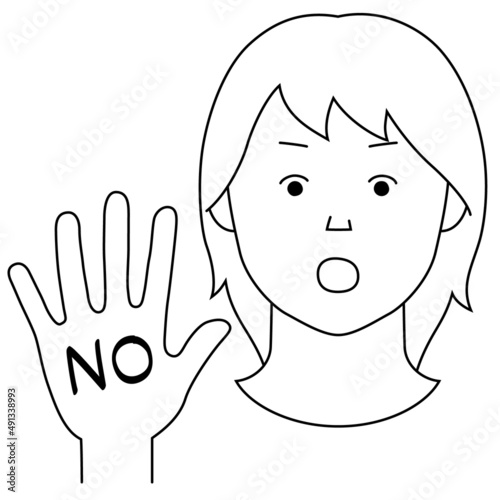 片手を前に突き出し「NO」の意思表示をする女性のイラスト（白背景・ベクター・線画・切り抜き）