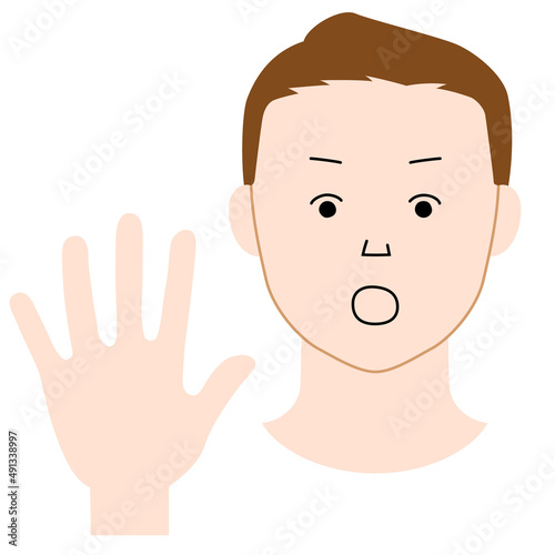 片手を前に突き出し「NO」の意思表示をする男性のイラスト（白背景・ベクター・切り抜き）
