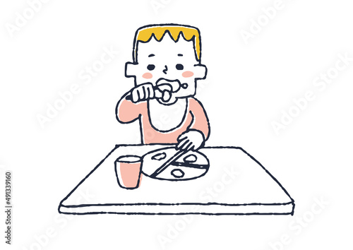 食べ物をこぼしながら食べる赤ちゃん　コミカルな手書きの人物　ベクター、線画にシンプルな色つけ　