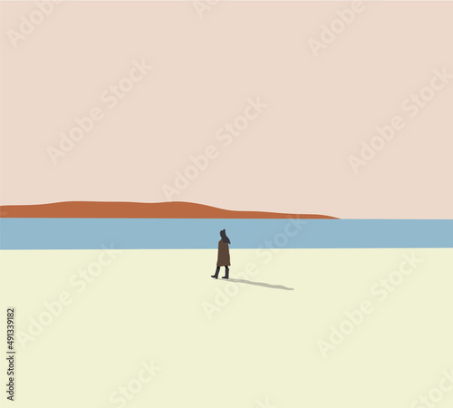 Woman walking on the shore of the cold winter beach. People resting in nature on adventure holidays vector illustration