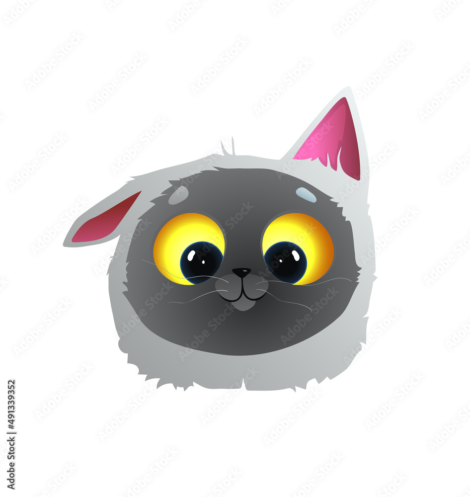 Cute cat face in watercolor style, funny animal cartoon design. Isolated clipart of kitten or cat face for kids t shirt or sticker. Vector graphics.