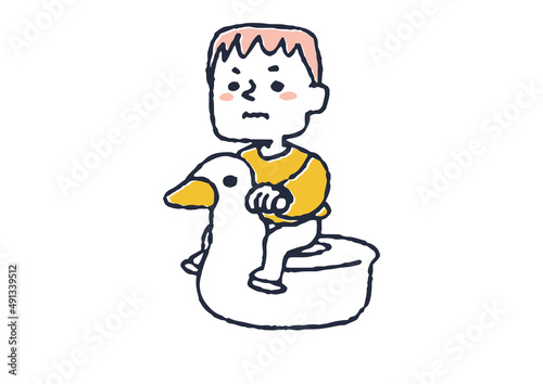 おまるでトイレをしている男の子　コミカルな手書きの人物　ベクター、線画にシンプルな色つけ　