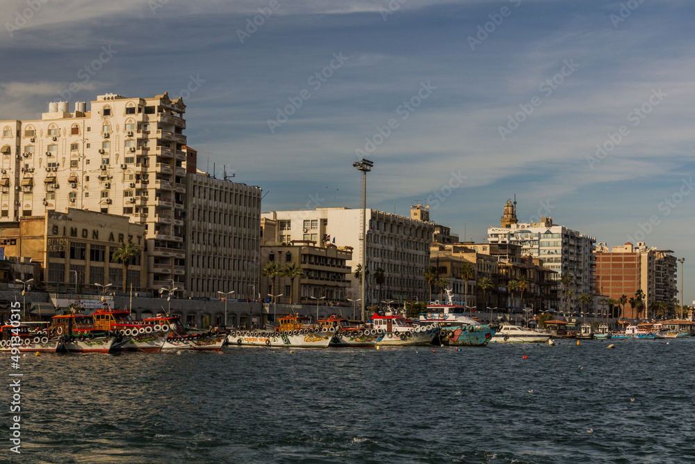 PORT SAID, EGYPT - FEBRUARY 3, 2019: Buildings by the Suez canal in Port Said, Egypt