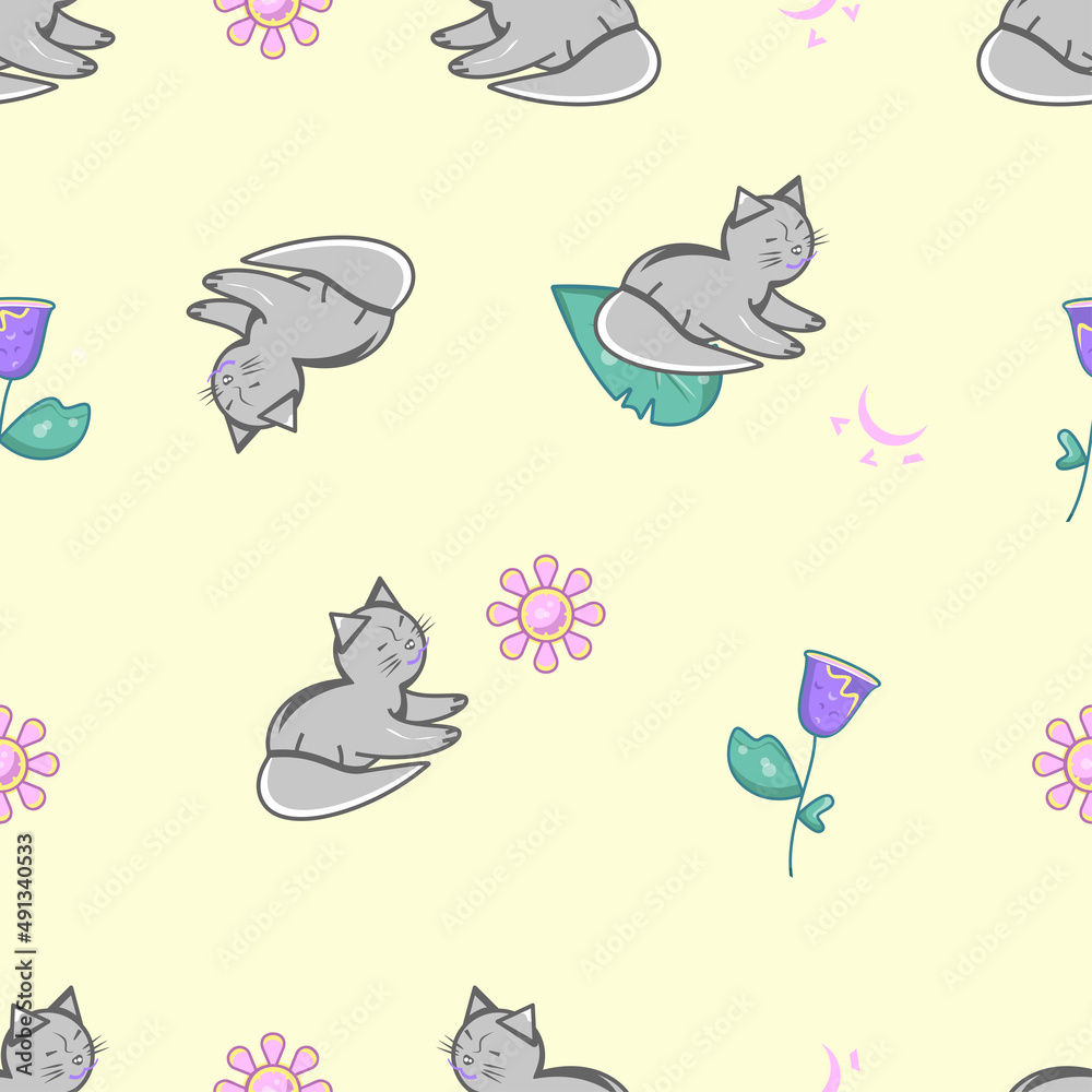 Colorful floral seamless pattern with grey cat located on light yellow background. Appropriated as print, cover, greeting card for March 8, birthday, wallpaper, background.