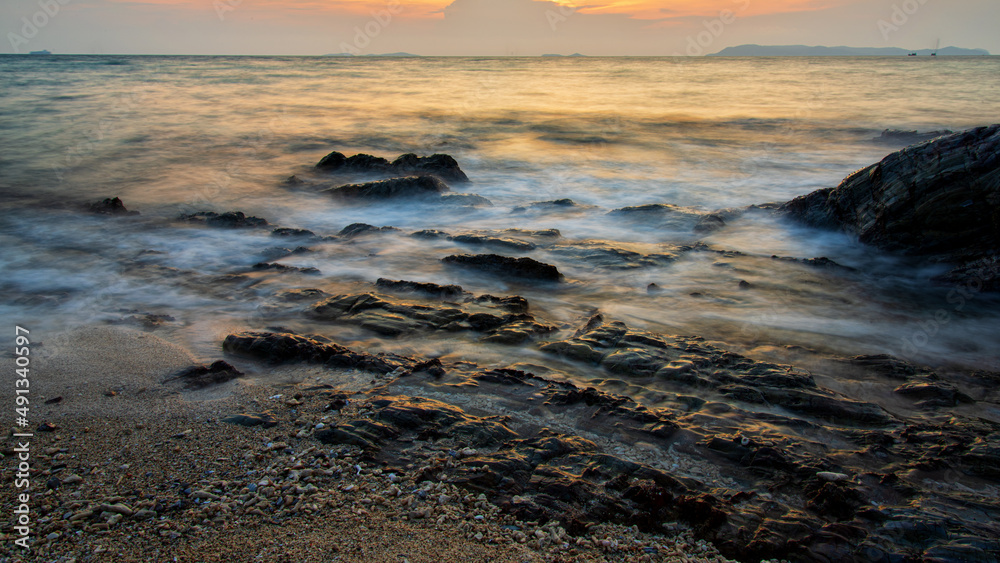 sunset on the beach. landscape  sea with long expossure  on sunset. Long Expossure. Summer daily seascape in koh lan ,Pattaya ,Thailand.