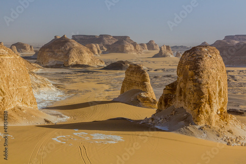 Rock formations of El Aqabat (Agabat) valley in the White Desert, Egypt photo