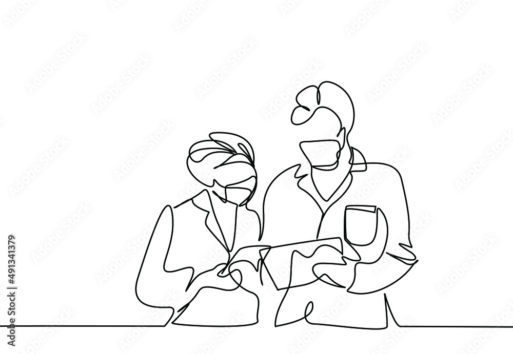 masked doctor scientists showing tablet and documents to each other they are analyzing