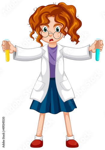 A chemist holding beaker and test tube on white background