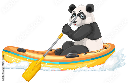 Panda on inflatable boat boat in cartoon style