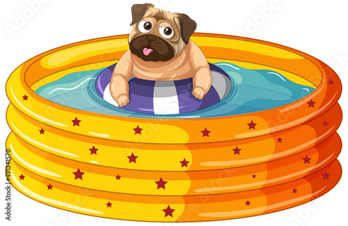 A Happy dog with rubber ring in Inflatable pool on white background